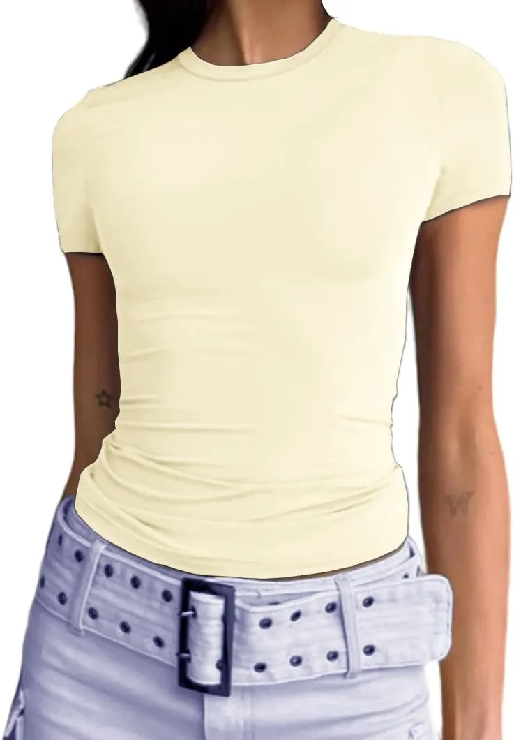 Abardsion Women's Casual Basic Going Out Crop Tops Slim Fit Short Sleeve Crew Neck Tight T Shirts 2025