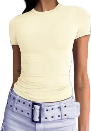 Abardsion Women's Casual Basic Going Out Crop Tops Slim Fit Short Sleeve Crew Neck Tight T Shirts 2025