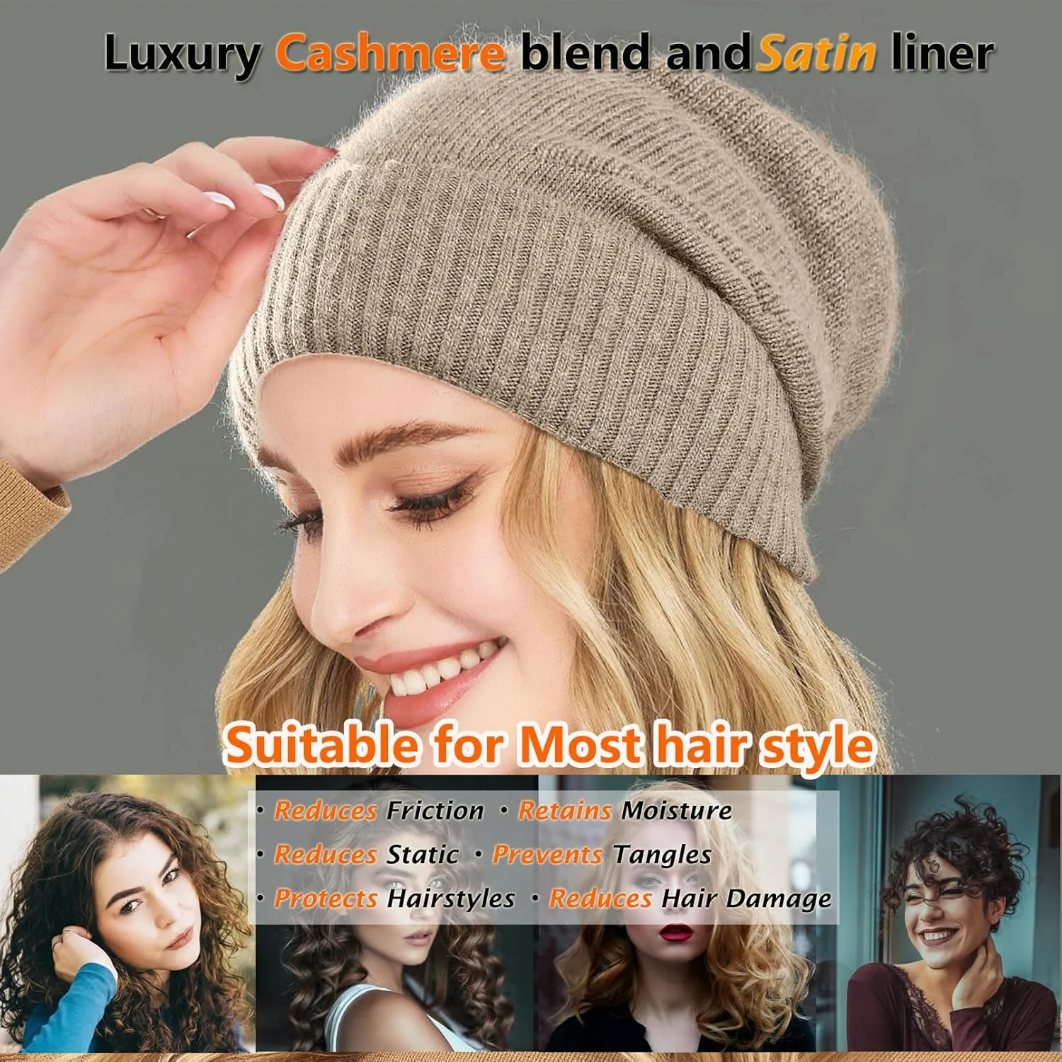 Cashmere Blend Satin Lined Beanie Hat Wool Winter Hats for Women Men Cuffed Hat Silk Lining Slouchy Beanie Women Knit Hat