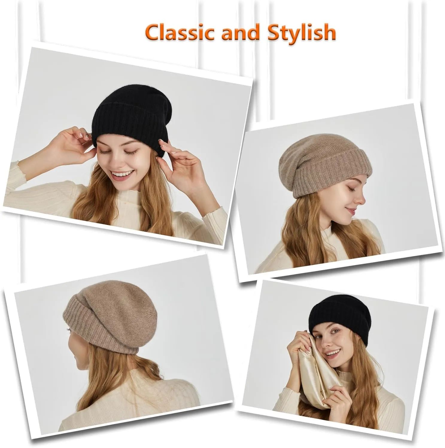 Cashmere Blend Satin Lined Beanie Hat Wool Winter Hats for Women Men Cuffed Hat Silk Lining Slouchy Beanie Women Knit Hat
