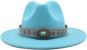 DHAEY Autumn and Winter Vintage Woolen Hat Women's New National Style Jazz Woolen Hat Europe and America Felt Hat Luopan Caps & Hats (Color : Lake Blue, Size : Medium(56-58cm))