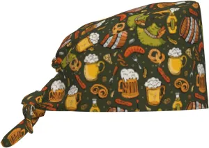Doodle Beer Oktoberfest Scrub Caps Adjustable Working Cap with Sweatband Elastic Tie Back Hats for Women Men