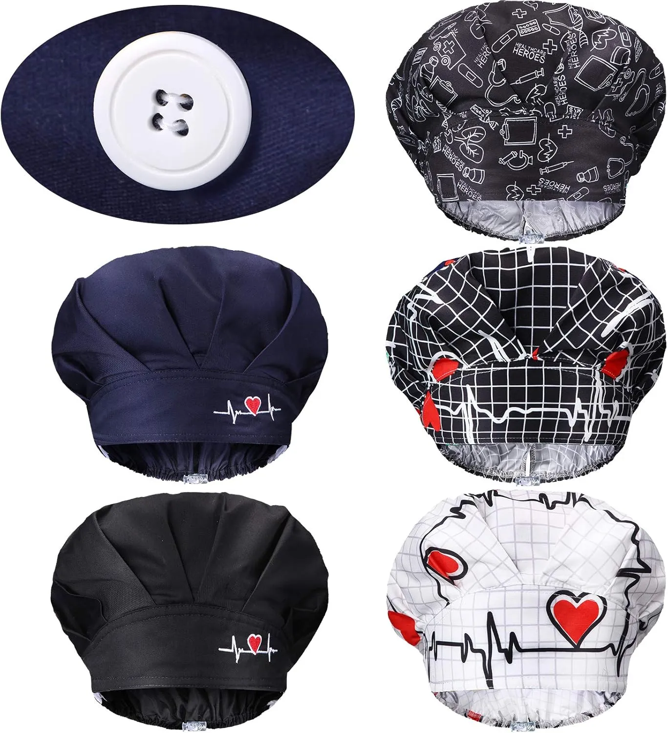 Geyoga 5 Pieces Adjustable Bouffant Nurse Caps with Buttons Printed Tie Back Hats with Sweatband Hat for Women Men 5 Styles(Heart Pattern)