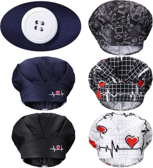 Geyoga 5 Pieces Adjustable Bouffant Nurse Caps with Buttons Printed Tie Back Hats with Sweatband Hat for Women Men 5 Styles(Heart Pattern)