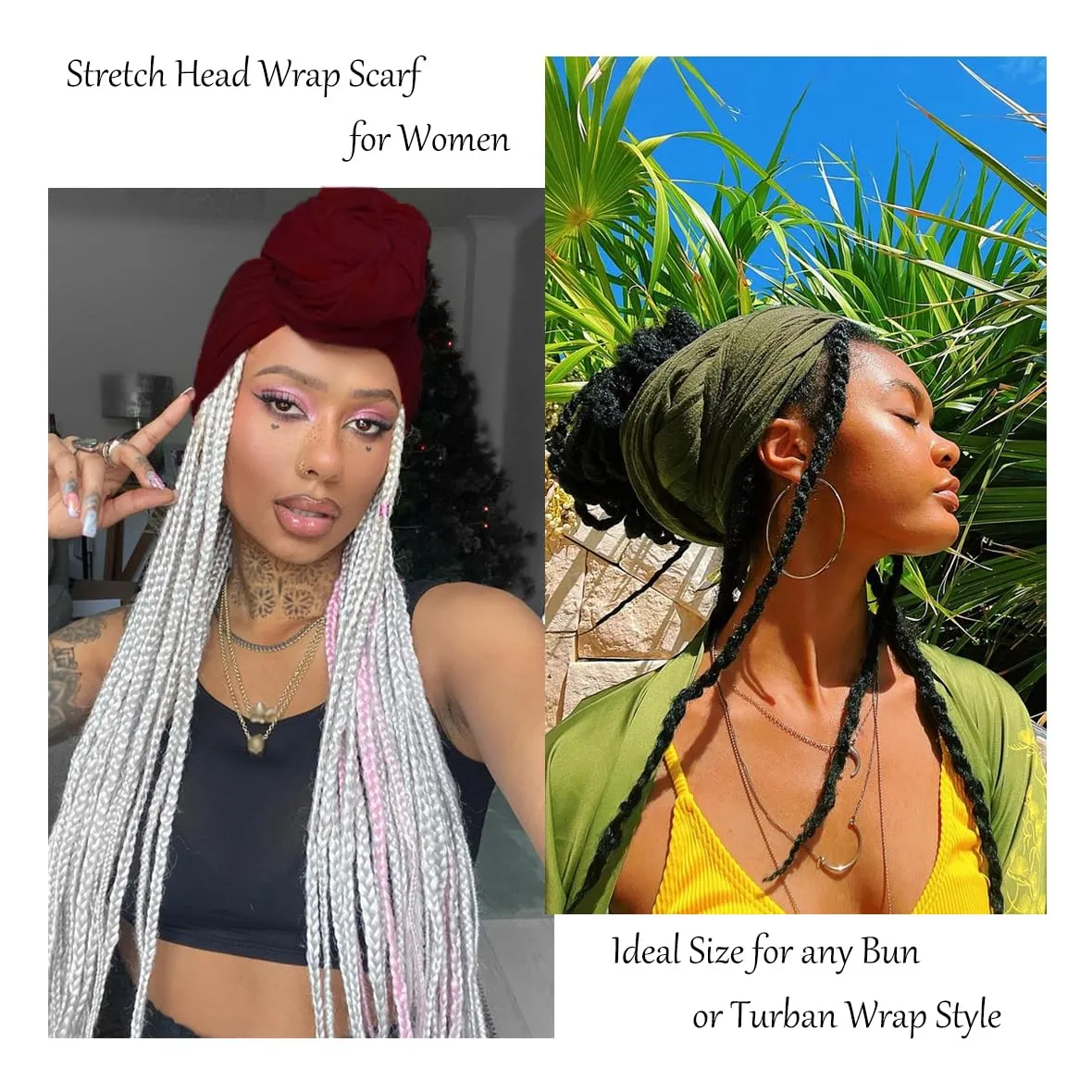 Kachanaa 4 Pieces Solid Color Stretch Knit Head Wrap Extra Long African Head Scarf Breathable Turbans for Black Women