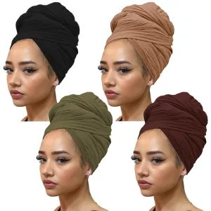 Kachanaa 4 Pieces Solid Color Stretch Knit Head Wrap Extra Long African Head Scarf Breathable Turbans for Black Women