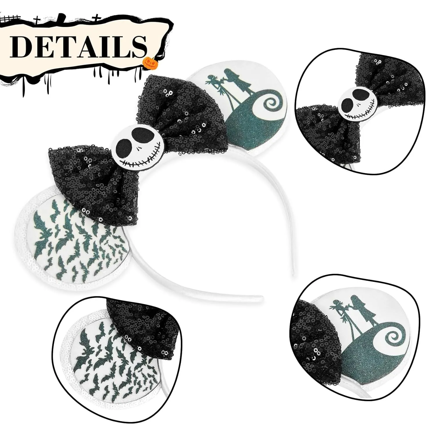 LYLIN Halloween Mouse Ears Headband, Sequin Mouse Ears with Bow for Women Girls Boys, Sparkle Ears Hair Accessories for Halloween Trips Party Themed Events Costume Cosplay Decoration(Ghost Bat)