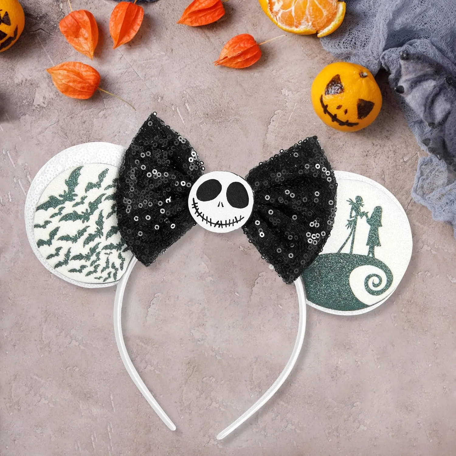LYLIN Halloween Mouse Ears Headband, Sequin Mouse Ears with Bow for Women Girls Boys, Sparkle Ears Hair Accessories for Halloween Trips Party Themed Events Costume Cosplay Decoration(Ghost Bat)