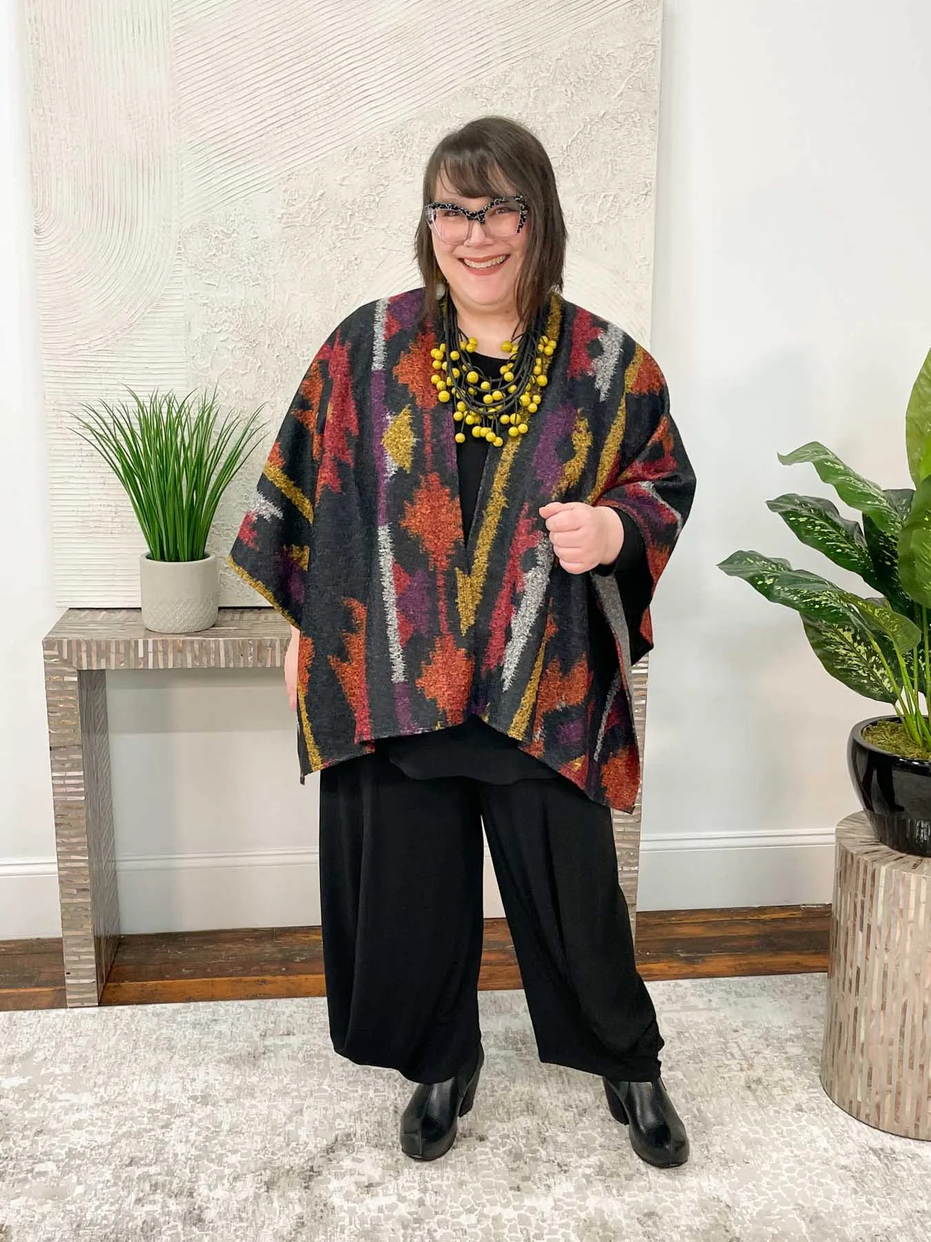 Printed Boucle Ruana Poncho, Sante Fe