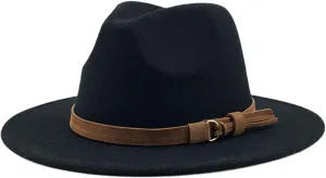 Pulcykp Women's Wool Fedora Hat With Leather Ribbon Winter Autumn Wide-Brimmed Jazz Hat Black CHILD 52-54CM