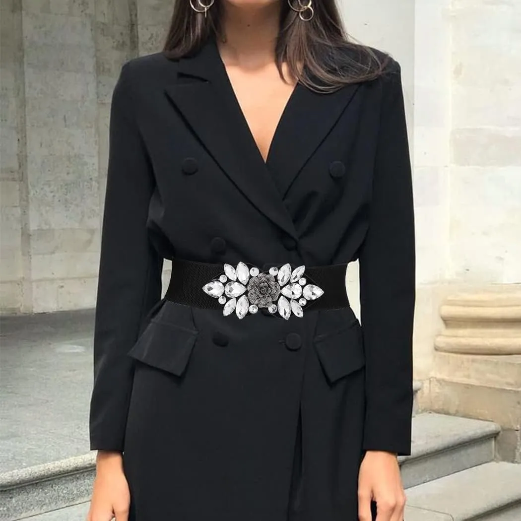 Rhinestone Stretch Belt Black Wide Formal Belt Women Red Belts Elastic Dressy Waist Accessories