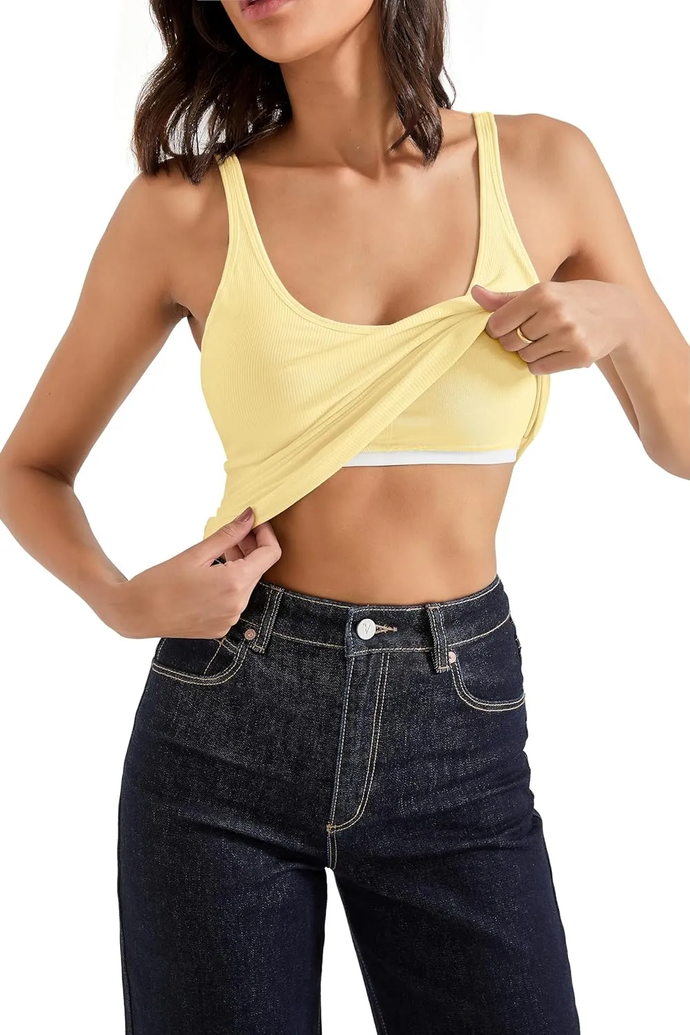 SUUKSESS Women Padded Cotton Ribbed Long Tank Tops 2025 Summer Going Out Basic Scoop Neck Cami Tops