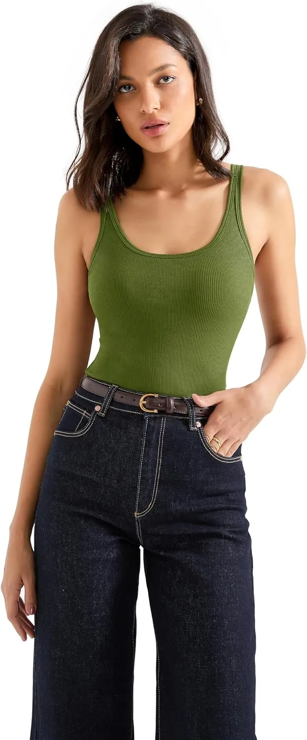 SUUKSESS Women Padded Cotton Ribbed Long Tank Tops 2025 Summer Going Out Basic Scoop Neck Cami Tops