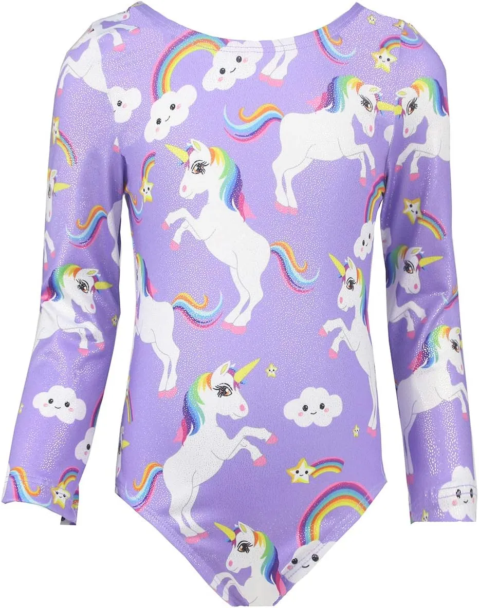 TENVDA Gymnastics Leotards for Girls Sparkly Unicorn Rainbow Long Sleeve Kids Tumbling Outfit Age 2-9 Years Old
