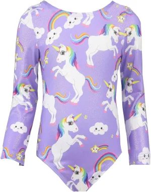 TENVDA Gymnastics Leotards for Girls Sparkly Unicorn Rainbow Long Sleeve Kids Tumbling Outfit Age 2-9 Years Old