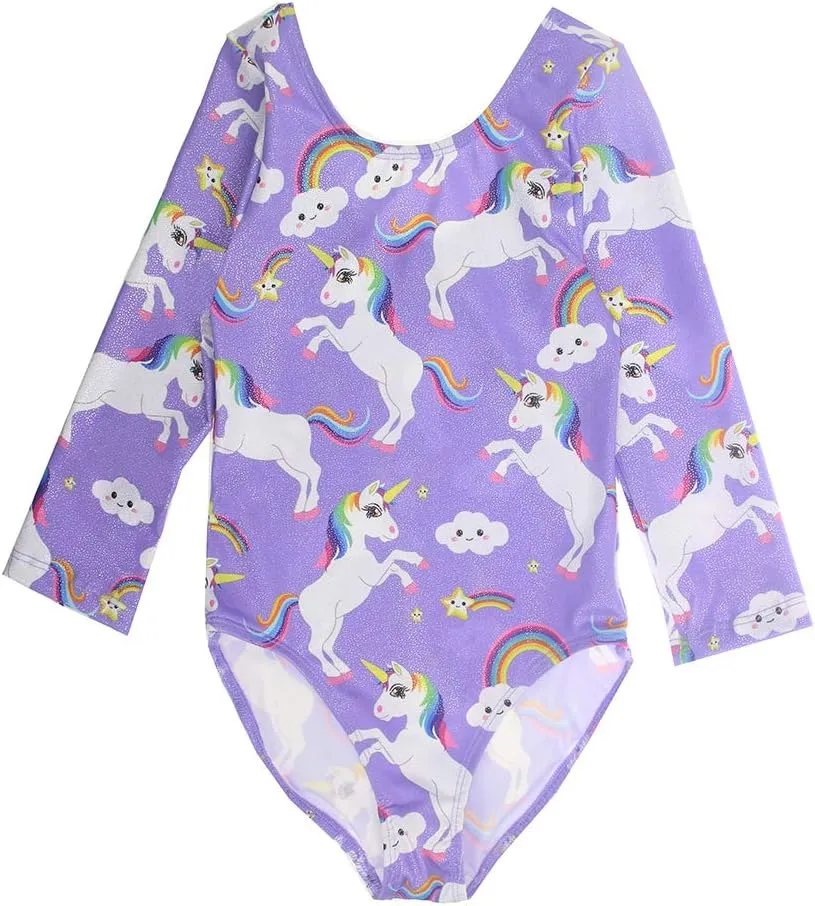 TENVDA Gymnastics Leotards for Girls Sparkly Unicorn Rainbow Long Sleeve Kids Tumbling Outfit Age 2-9 Years Old