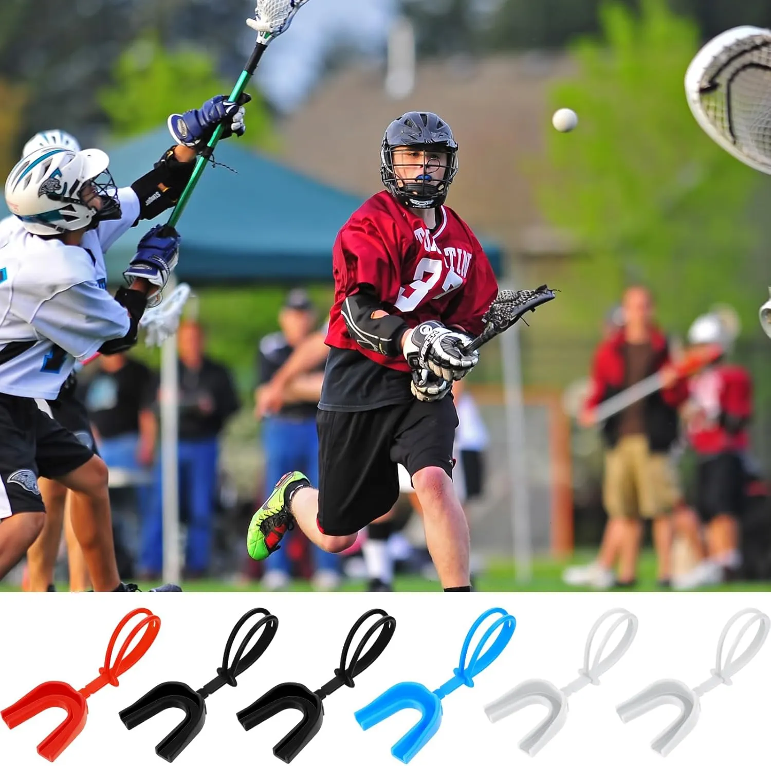 TOODOO 6 Pcs Strapped Mouth Guard Sports Mouthguard with Strap No Boil Football Boxing Mouthpiece Adult Youth Braces Soft Mouthguard for Lacrosse Basketball Hockey Wrestling