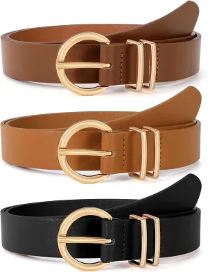 VONMELLI 3 Pack Women's Leather Belts for Jeans Dresses Ladies Waist Belt with Fashion Gold Buckle