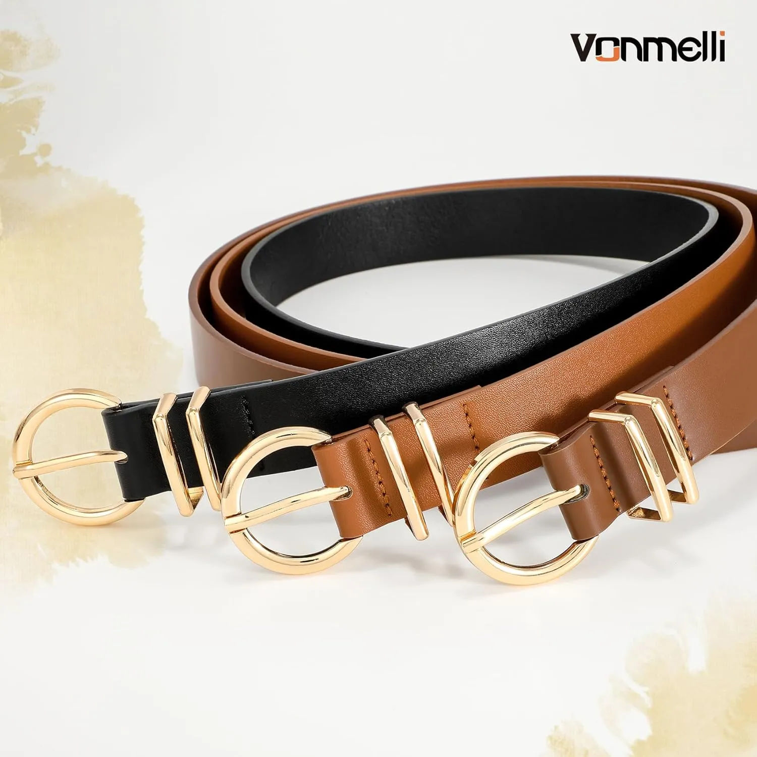 VONMELLI 3 Pack Women's Leather Belts for Jeans Dresses Ladies Waist Belt with Fashion Gold Buckle