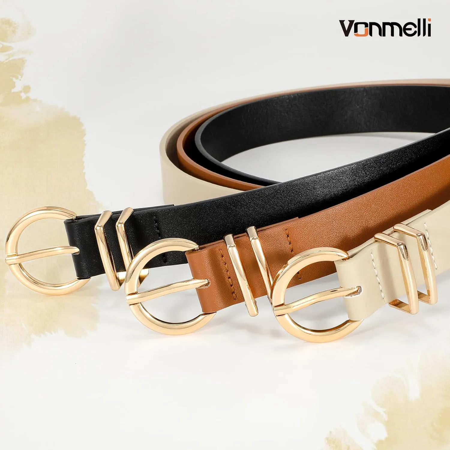VONMELLI 3 Pack Women's Leather Belts for Jeans Dresses Ladies Waist Belt with Fashion Gold Buckle