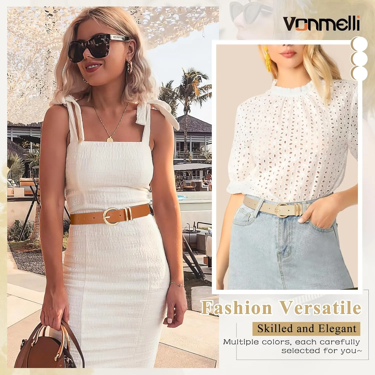 VONMELLI 3 Pack Women's Leather Belts for Jeans Dresses Ladies Waist Belt with Fashion Gold Buckle
