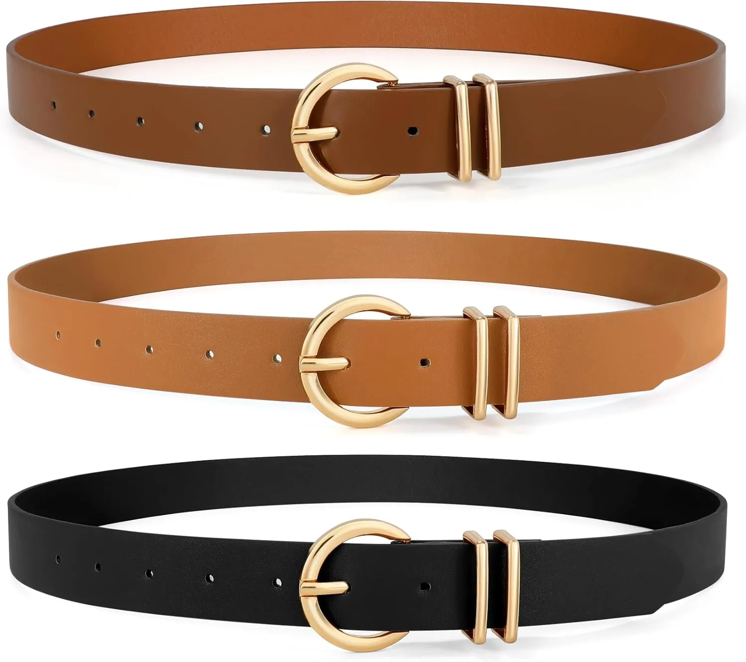 VONMELLI 3 Pack Women's Leather Belts for Jeans Dresses Ladies Waist Belt with Fashion Gold Buckle