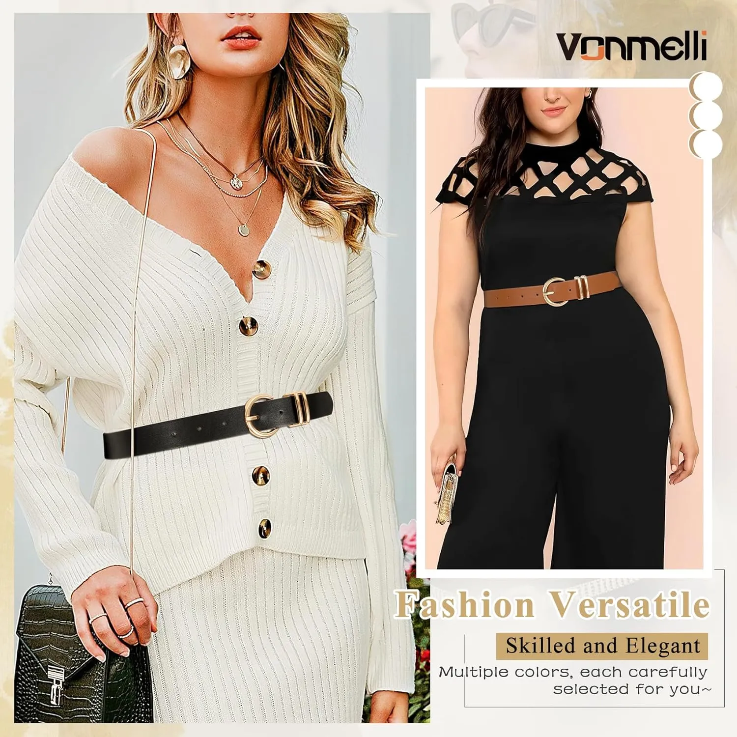 VONMELLI 3 Pack Women's Leather Belts for Jeans Dresses Ladies Waist Belt with Fashion Gold Buckle