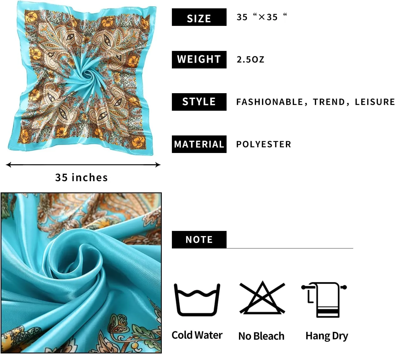 Women's 35" Satin Square Silk Like Hair Scarves and Wraps-Square Silk Head Scarf for wrapping hair
