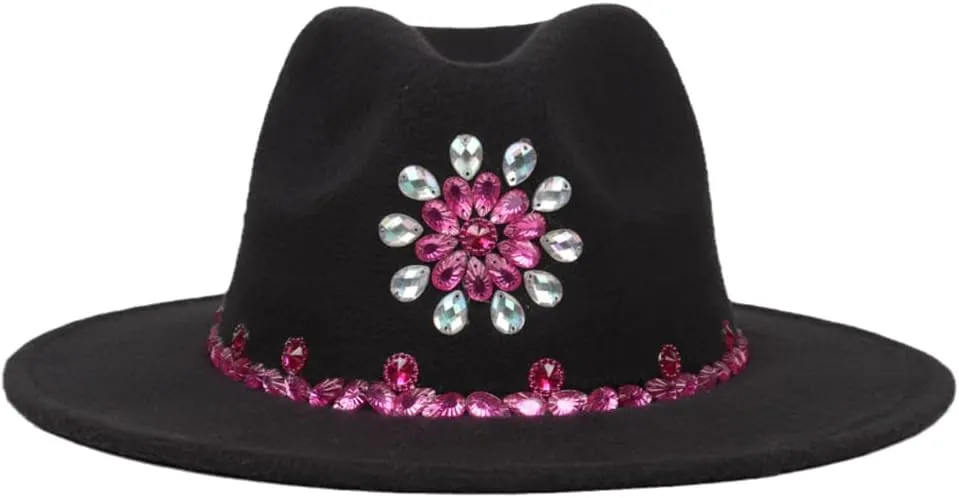 Women's Wide Brim Handmade Punk Fedora Jazz Winter Sun Hat Black6 60-61CM